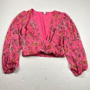 Joie Boho Cropped Floral Faux Wrap Top Puff Sleeve Deep V Romantic Blouse XS